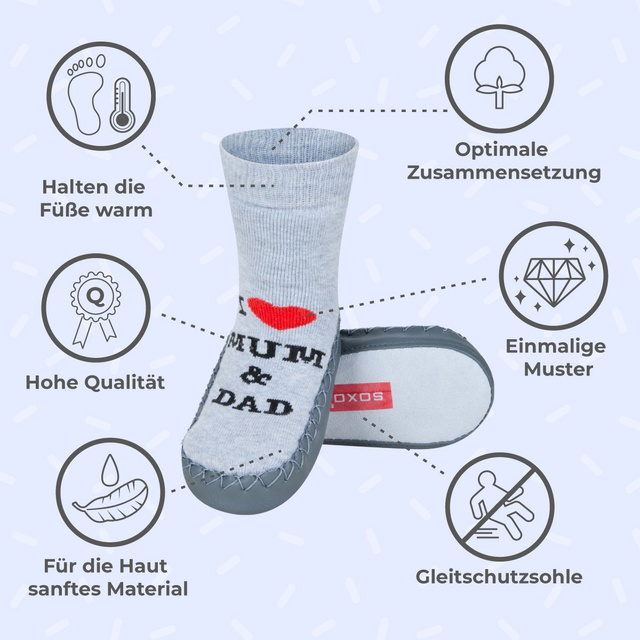 Grau Baby Hausschuhe SOXO mit Ledersohle