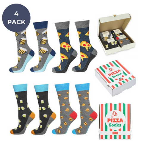 4 Paare von lustigen Socken mit Pizzamotiv einzigartiger Verpackung| Herrensocken | SOXO