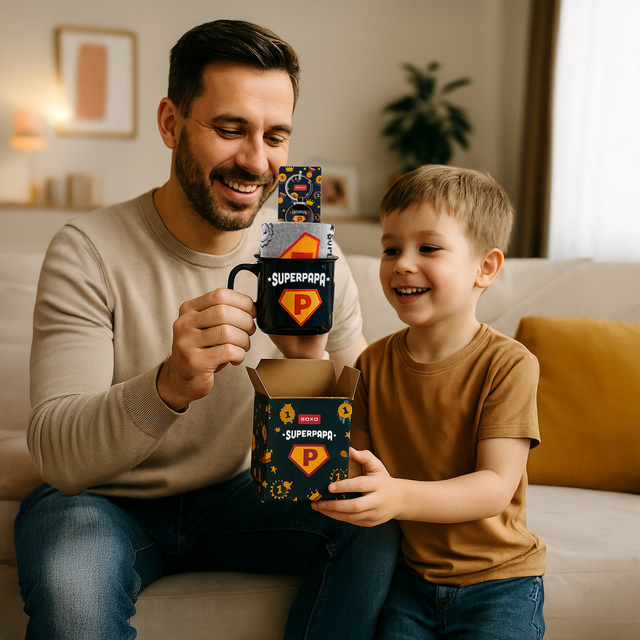 Set Socken Super Papa-Motiv + Tasse + Schlüsselanhänger