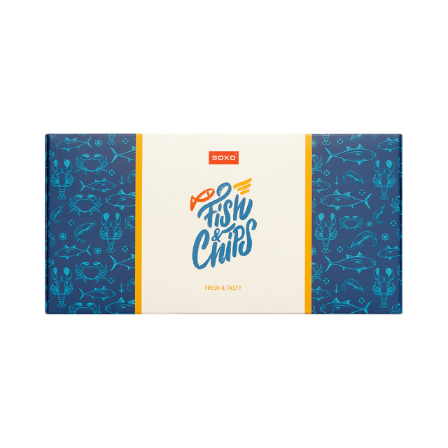 2 Paar von lustigen Socken mit Fisch und Chips motiv in einzigartiger Verpackung | Damen-/Herrensocken | SOXO