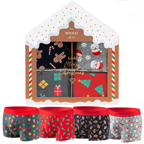 Set mit 4x Herrensocken + 4x Boxershorts mit Weihnachtsmotiv in einzigartiger Verpackung | SOXO