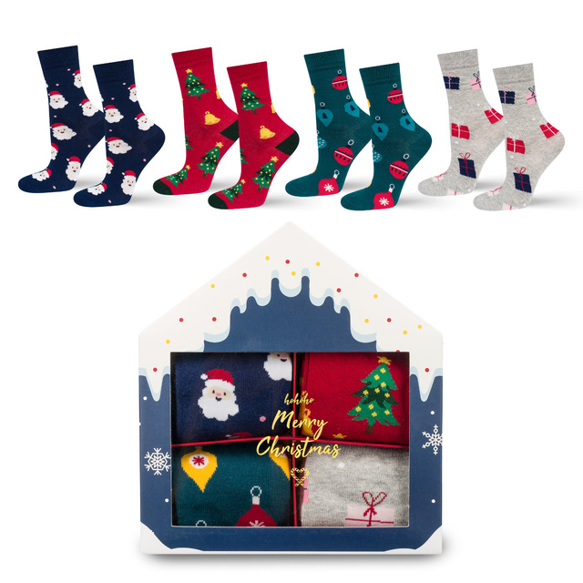 4 Paar von lustigen Socken mit Weihnachtsmotiv in einzigartiger Verpackung | Damensocken | SOXO