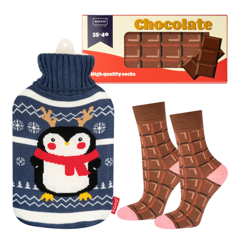 Damensocken Set SOXO Schokoriegel und Weihnachts Wärmflasche Pinguin | Weihnachtsgeschenk