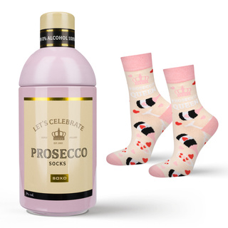 Socken mit Prosecco-Motiv in Flaschenverpackung