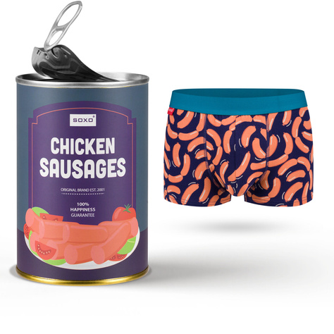 1 Paar von lustigen Boxershorts mit Chicken Sausagesmotiv in einzigartiger Verpackung | SOXO