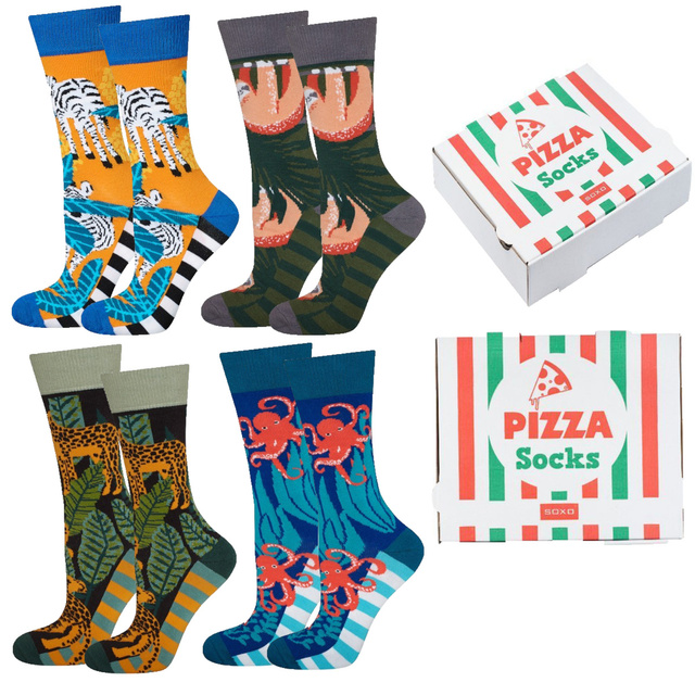 4 Paar von lustigen Socken mit Pizzamotiv einzigartiger Verpackung | Herrensocken | SOXO