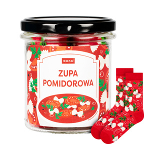 Bunte SOXO GOOD STUFF Damensocken Tomatensuppe im Glas, eine Idee für ein lustiges Geschenk