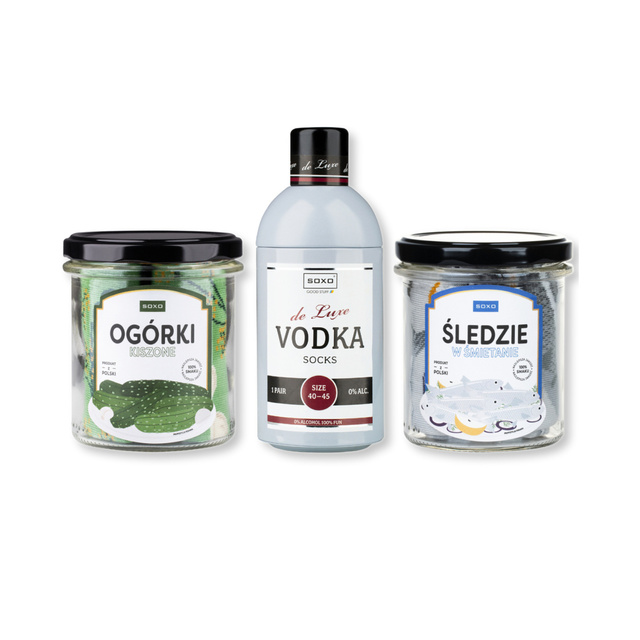 Set aus 2x Bunte SOXO Vodka Socken in einer Box und Schokolade