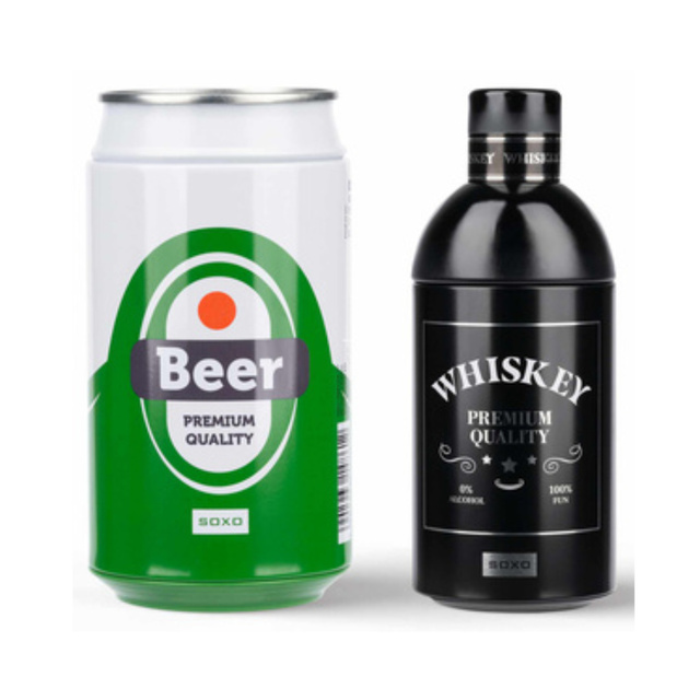 Set Herrensocken Whisky in einer Flasche und Bier in einer Dose