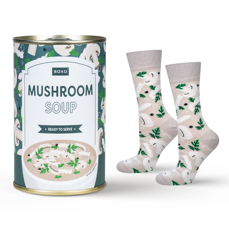 1 Paar von lustigen Socken mit Mushroom Suppenmotiv in einzigartiger Verpackung | Damen-/Herrensocken | SOXO