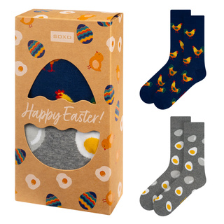 2 Paar von lustigen Socken mit Ei und Hahnmotiv in einzigartiger Verpackung | Herrensocken | SOXO