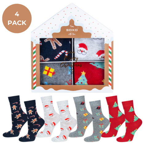 4 Paar von lustigen Socken mit Weihnachtsmotiv in einzigartiger Verpackung | Damensocken | SOXO