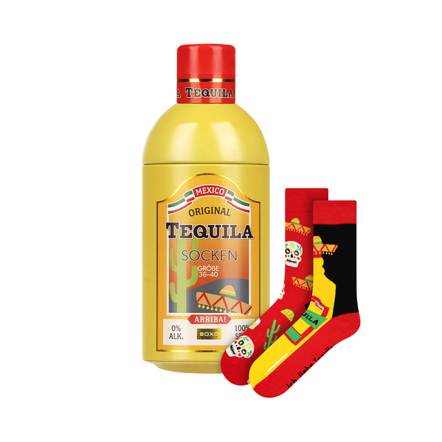 Socken mit Tequila-Motiv in Flaschenverpackung