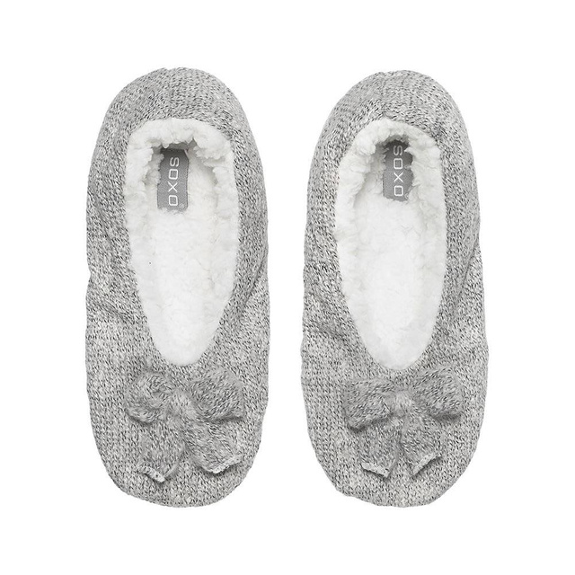 OUTLET Grau Hausschuhe Damen Ballerinas SOXO gestrickt mit Fell und weicher Sohle