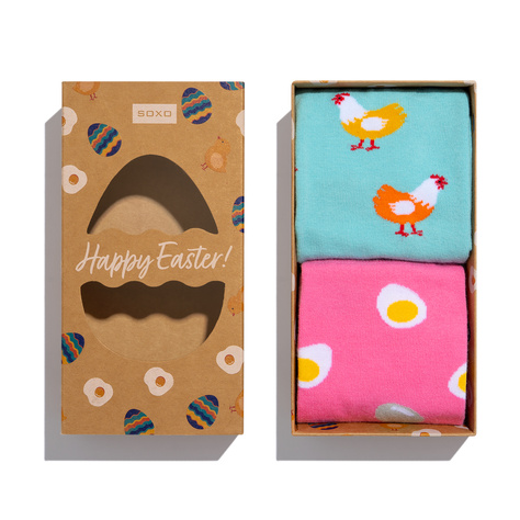 2 Paar von lustigen Socken mit Ei und Hahnmotiv in einzigartiger Verpackung | Damensocken | SOXO