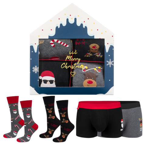 Set mit 2x Herrensocken + 2x Boxershorts mit Weihnachtsmotiv in einzigartiger Verpackung | SOXO