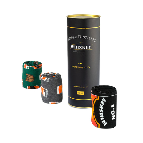 3 Paar von lustigen Socken mit Whiskymotiv in einzigartiger Verpackung | Herrensocken | SOXO