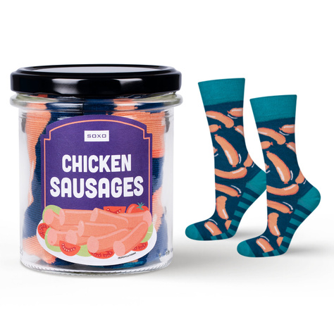 1 Paar von lustigen Socken mit Chicken Sausagesmotiv im einem Glas | Herrensocken | SOXO