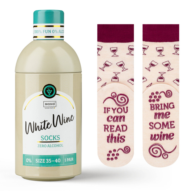 1 Paar von lustigen Socken mit White winemotiv in einzigartiger Verpackung | Damensocken | SOXO