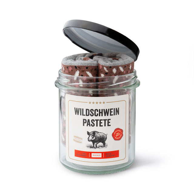 1 Paar von lustigen Socken mit Wildschwein-Pastete Motiv im Glas | Herrensocken | SOXO