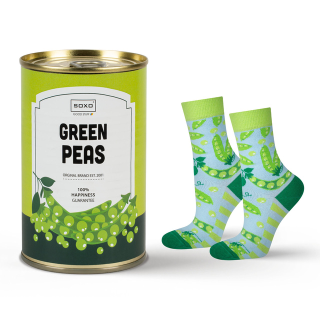 Socken mit Green-Peas-Motiv in Dose