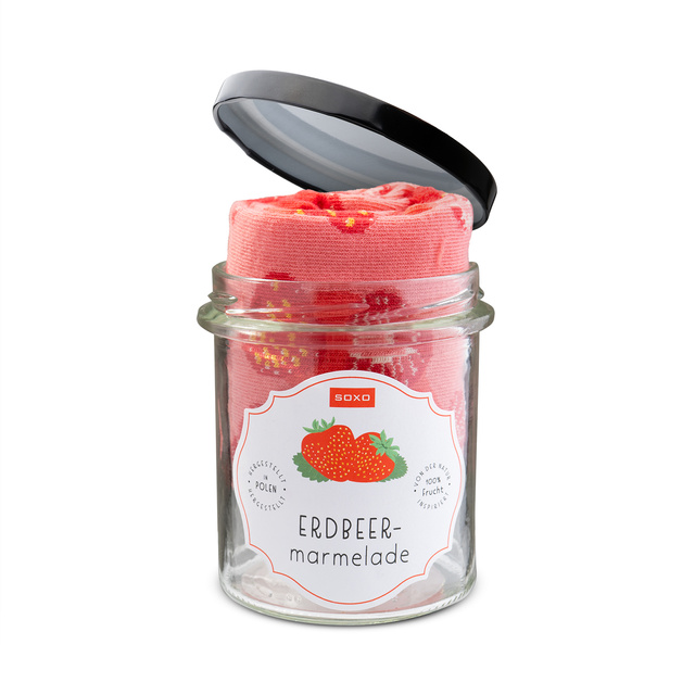 1 Paar von lustigen Socken mit Erdbeer marmelademotiv im eine Glas | Damensocken | SOXO