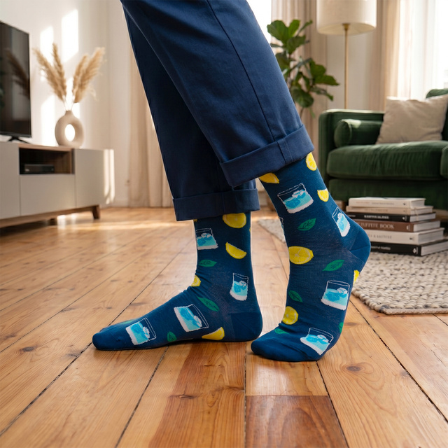 Socken mit Gin-Motiv in Flaschenverpackung