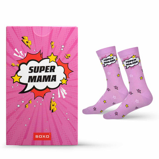 1 Paar von lustigen Socken mit der Aufschrift „Super Mama“ in einzigartiger Verpackung | Damensocken | SOXO