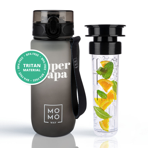  Wasserflasche mit Fruchteinsatz, grau-schwarz | BPA free | Tritan | MOMOWAY