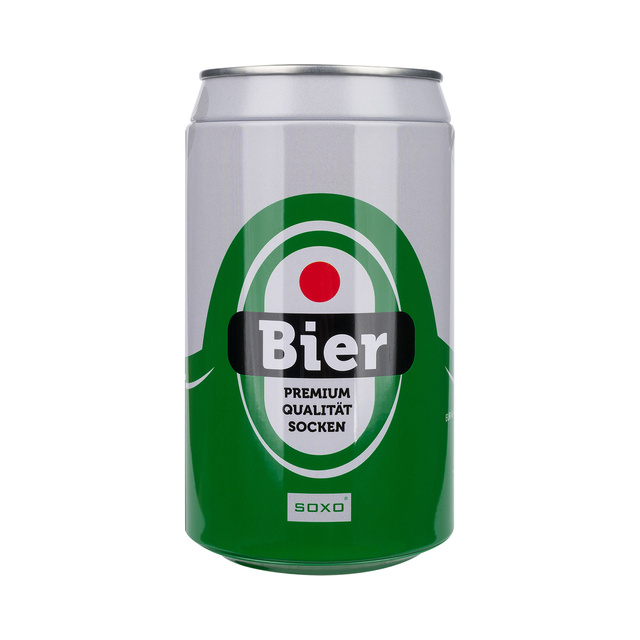 Socken mit Bier-Motiv in Dose