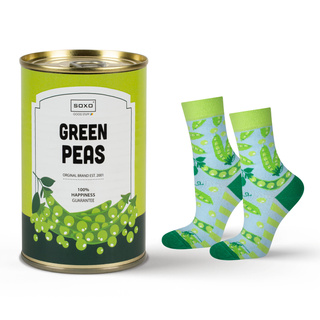 Socken mit Green-Peas-Motiv in Dose