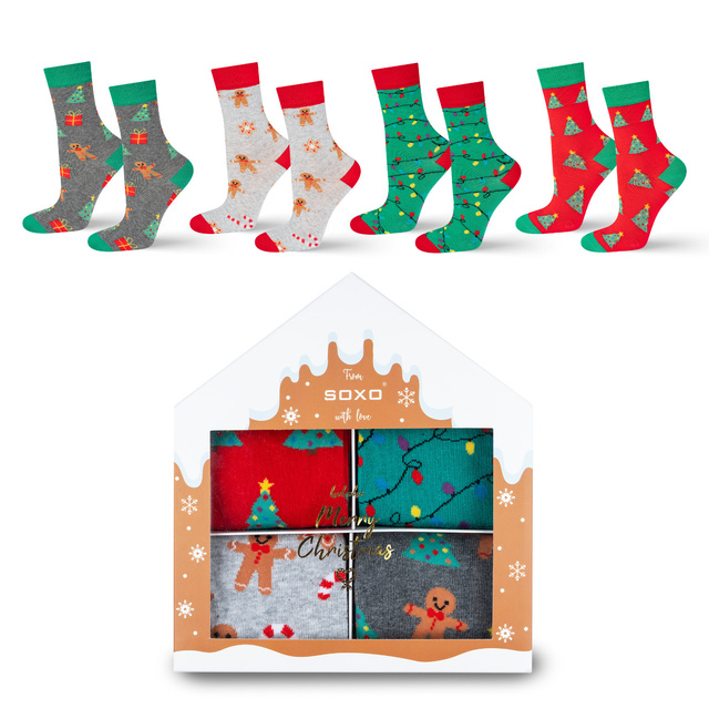 4 Paar von lustigen Socken mit Weihnachtsmotiv in einzigartiger Verpackung | Damensocken | SOXO