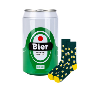Socken mit Bier-Motiv in Dose