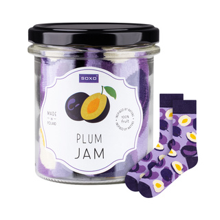 Socken mit Pflaumenmarmeladen-Motiv im Glas