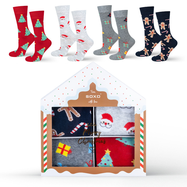 4 Paar von lustigen Socken mit Weihnachtsmotiv in einzigartiger Verpackung | Herrensocken | SOXO
