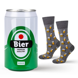 Socken mit Bier-Motiv in Dose