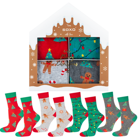 4 Paar von lustigen Socken mit Weihnachtsmotiv in einzigartiger Verpackung | Damensocken | SOXO