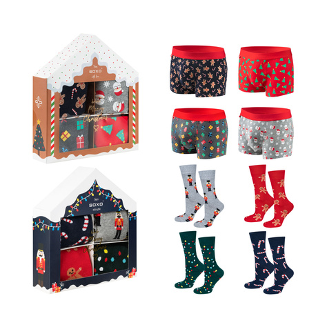 Set mit 4x Herrensocken + 4x Boxershorts mit Weihnachtsmotiv in einzigartiger Verpackung | SOXO