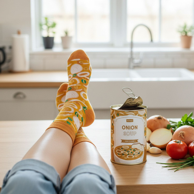 Socken mit Onion-Suppen-Motiv in Dose