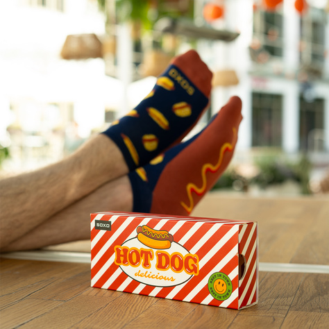 2 Paar von lustigen Socken mit Hot-Dog motiv in einzigartiger Verpackung | Herrensocken | SOXO