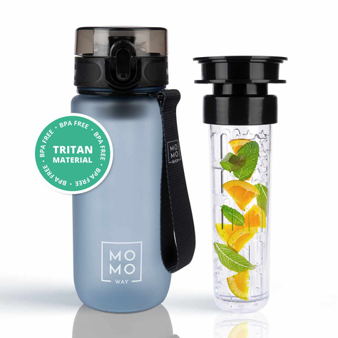 MOMO WAY Wasserflasche 0.6L grau | Geschenkidee | BPA free | Tritan