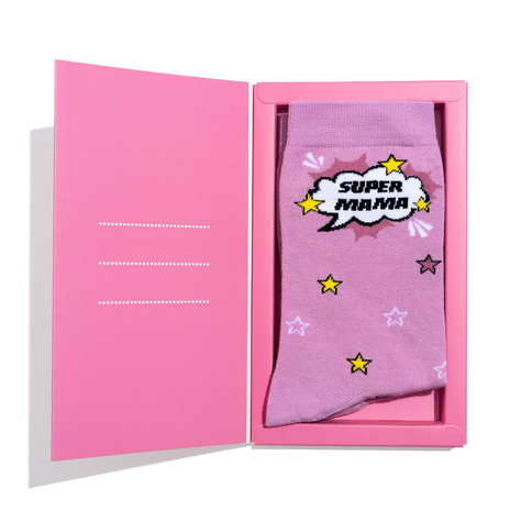 1 Paar von lustigen Socken mit der Aufschrift „Super Mama“ in einzigartiger Verpackung | Damensocken | SOXO
