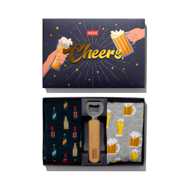 2 Paar von lustigen Socken mit Bier-Motiv + Bieröffner | Herrensocken | SOXO