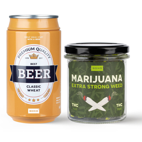 2x Set SOXO Herrensocken | Marihuana in einem Glas | Klassisches Weizenbier in der Dose | als Geschenk für Ihn