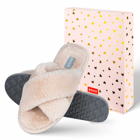 SOXO weiche beige Damenpantoffeln in Geschenkbox mit Aufklebern