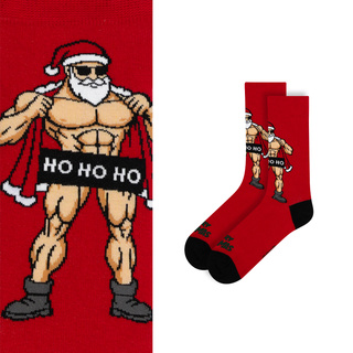 Socken mit Frechem Bodybuilder Weihnachtsmann-Motiv