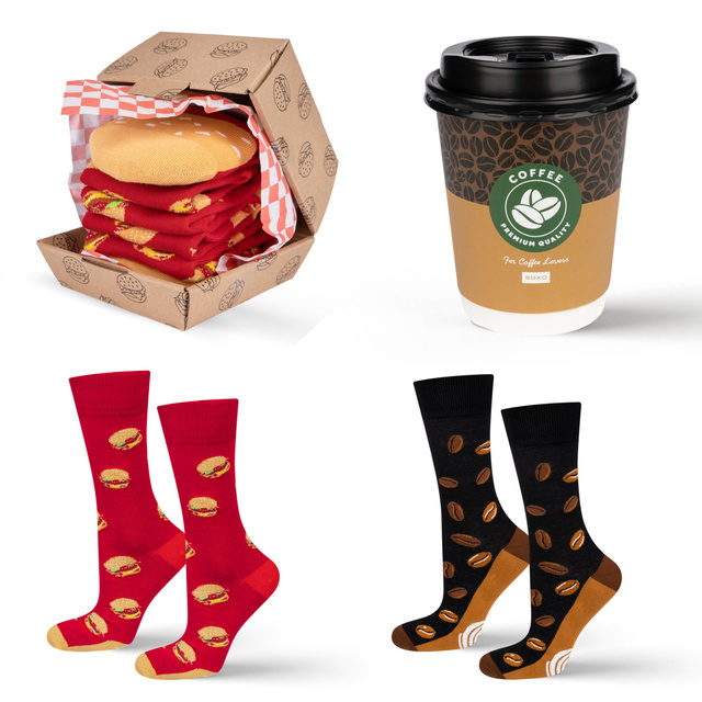 Socken mit Kaffee im Becher und Hamburger-Motiv 2er-Pack