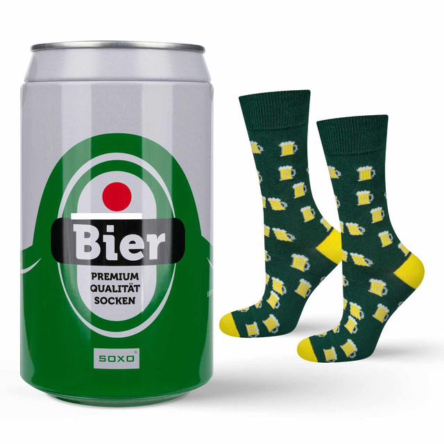 Socken mit Bier-Motiv in Dose