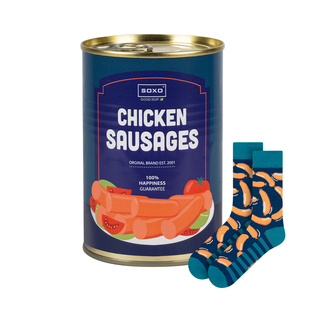 Socken mit Chicken-Sausages-Motiv in Dose