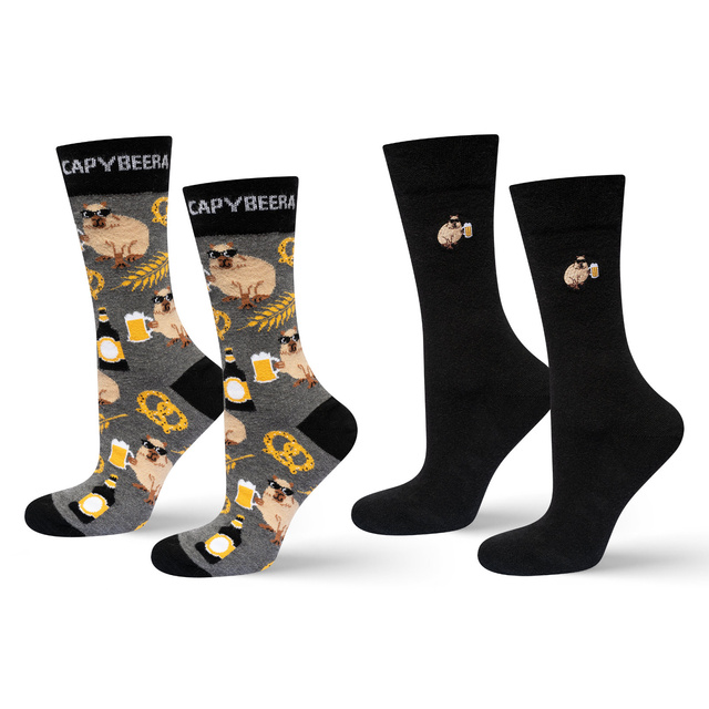 2 Paar lustige Socken mit Bier Capybara Motiv | Herrensocken | SOXO